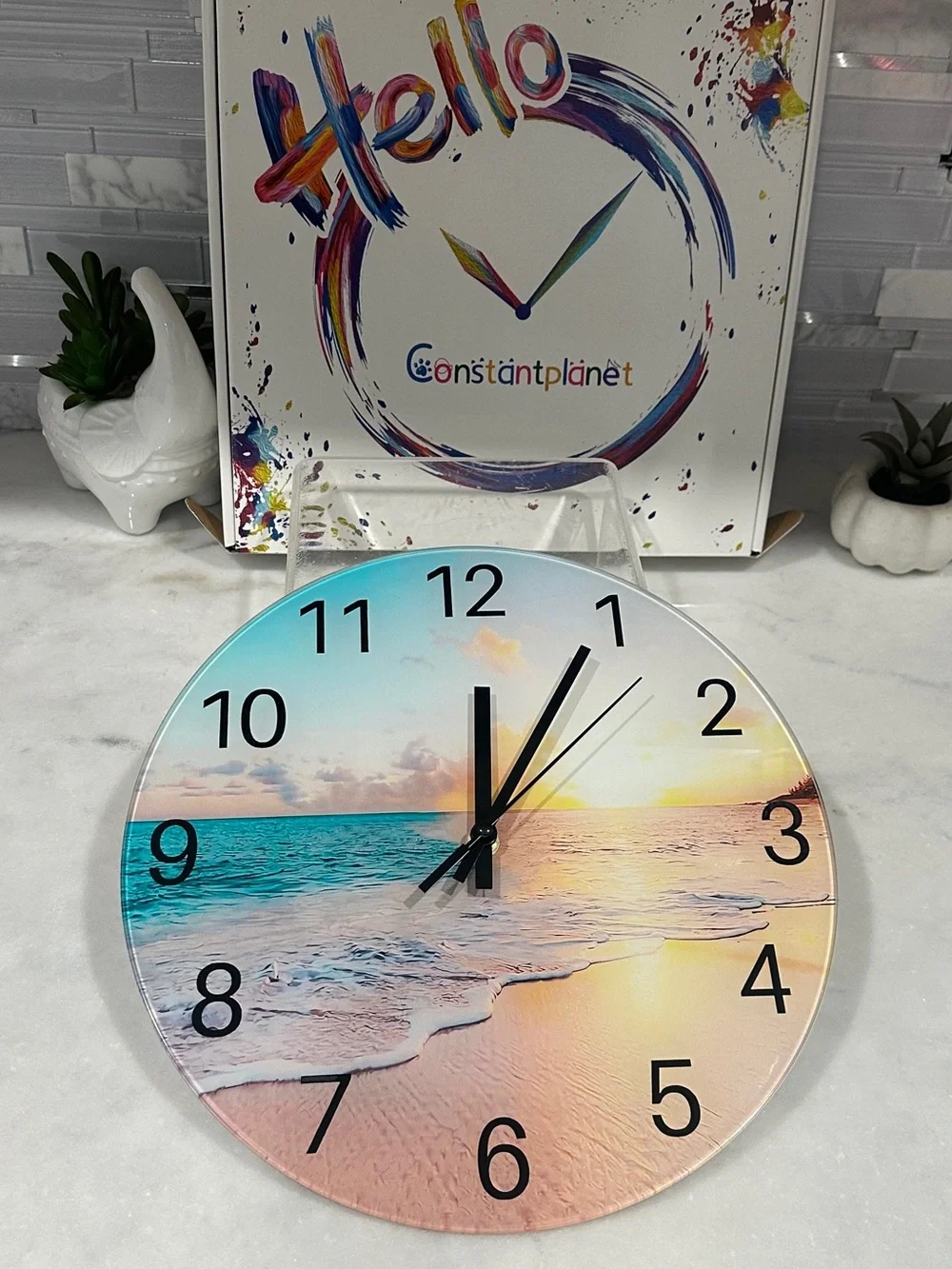 Coastal Beach Scene Wall Clock in Blue and Peach